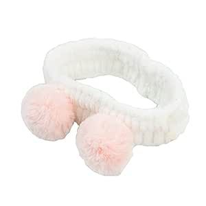 The Vintage Cosmetic Company Elasticated Pom Pom Make Up Headband, Skincare Headband Hold Back Hair, Super Fluffy and Stretchy, Beauty Accessory, White and Pink Design
