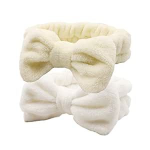 KWONG Dofash 2Pcs Cute Bowknot Bow Makeup Cosmetic Headbands for Washing Face Shower Hairbands, Spa Headbands for Women (White+Beige)