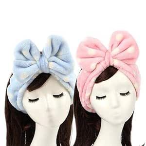 DNHCLL 2PCS Girls Super Cute Elastic Hairband Bowknot Cosmetics Towel Headband for Washing Face and Makeup Soft Fluffy Colorful(Blue+Pink)
