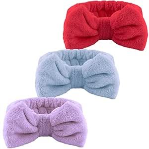 WSYUB Face Headband, 3PCS Bow Tie Hair Band in Elegant Color, Makeup Headband for Washing Face, Soft Microfiber Skincare Band Shower Headband Spa Headband for Woman Girl(Blue, Red, Purple)