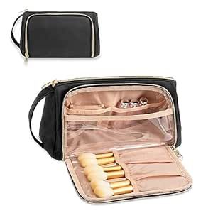 CUBETASTIC Small Makeup Bag, Travel Cosmetic Bag with Makeup Brush Compartment Portable Cute Make Up Organizer Case for Women Girls (A#-Black, Small (Pack of 1))