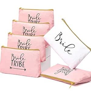 Heather & Willow 6 Piece Set | Rose Gold Bride Tribe Canvas Cosmetic Makeup Clutch Gifts Bag for Bridesmaid Proposal Box & Bridesmaids Bachelorette Party Favors