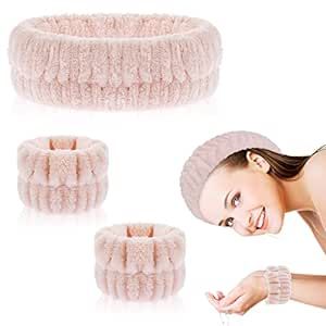 WLLHYF Spa Headband Wrist Washband Face Wash Set Facial Makeup Hair Band Microfiber Shower Head Wraps Adjustable Wrist Wash Bands Prevent Liquid from Arms Spilling for Women Girls