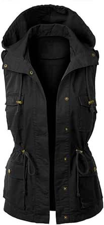 KEOMUD Women's Casual Hoodie Drawstring Military Vest Sleeveless Utility Jacket Outerwear with Pockets