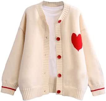 FindThy Women's Cute Cardigan Sweater Kawaii Love Heart Print Y2K Button Knitted Outerwear