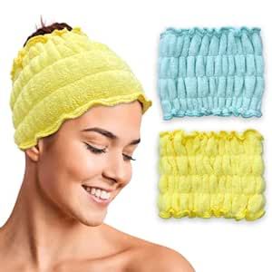 Merely Beauty Ruched Wide Spa Headband (2 Pack) - Headbands for Washing Face, Skincare, Makeup, Yoga, and More - Accessories for Home Spa (Teal, Lemon Yellow)