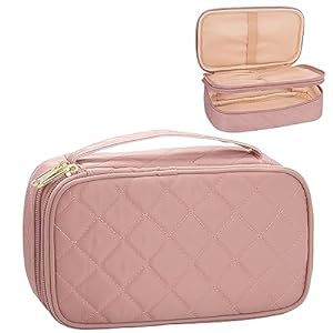 Relavel Small Makeup Bag, Cosmetic Bag for Women 2 Layer Travel Makeup Organizer Black Handbag Purse Pouch Compact Capacity for Daily Use, Makeup Brush Holder, Waterproof Nylon (Nude Pink)