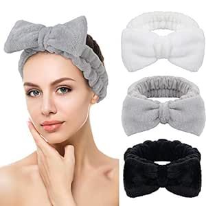 SINLAND Spa Facial Headband for Shower and Washing Face Women and Girls Cosmetic Bow Hair Band Facial Makeup Adjustable Elastic Head Wrap Ultra Soft Terry Cloth 3 Pack