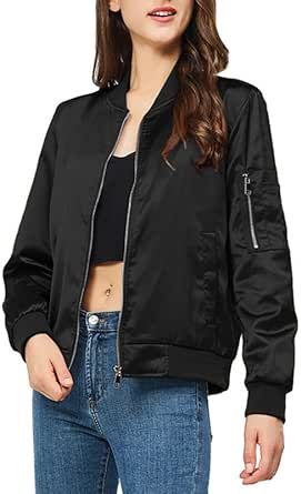 Rasujie Satin Bomber Jacket Women Zip Up Varsity Jacket Fall Windbreaker Outerwear with Pockets
