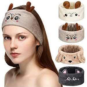 Chuangdi 4 Pieces Makeup Spa Headband Animal Headband for Washing Face Coral Fleece Cosmetic Headband Plush Animal Ears Shower Hairband for Women Girls (Cute Style)