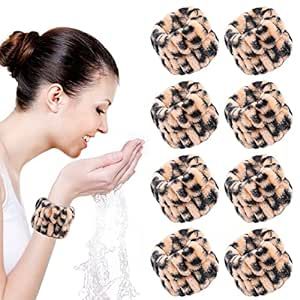 Upgrade 8pcs Spa Wristband Soft Towel Sweatband Coral Velvet Leopard Print Face Washing Makeup Wrist Band Sleeve Absorbent Elastic Wristbands for Professional Athletes/Women/Girls