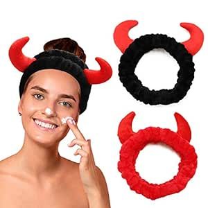 Women Facial Spa Headband, Coral Fleece Cosmetic Makeup Headband Skincare Headband for Washing Face Makeup (2 Pack Devil Horn)