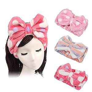 Shintop 3 Pack Flannel Cosmetic Headbands, Bowknot Elastic Hair Band Hairlace for Washing Face Shower Spa Makeup (Pink Polka Dots+Red Heart+Purple Stripe)