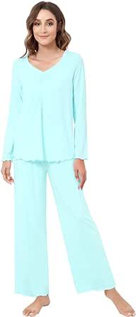 NACHILA Women's Bamboo Pajamas Long Sleeve Sleepwear Set Soft Pj Loungewear Pants Set S-XXL