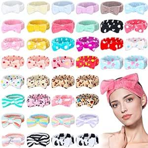 Yinder 40 Pack Bow Spa Headband Coral Fleece Makeup Headband Soft Face Wash Headband Cosmetic Skin Care Headbands Facial Head Wraps Cute Bow Head Bands for Women Girls Shower Supplies (Various Style)