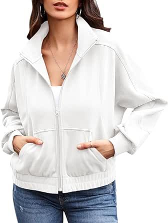Fisoew Women’s Full Zip Up Jackets Long Sleeve Stand Collar Hoodless Sweatshirts Running Jackets with Pocket