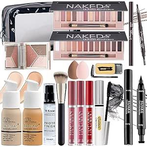 YBUETE All in One Makeup Set Kit for Women Full Kit, Multipurpose Makeup Gift Kit for Women Teens or Girls, Naked Eyeshadow Palette, Foundation, Face Primer, Makeup Brush and Sponges, Highlighter Contour Blusher Palette, Lip Gloss Set, Eyebrow Soap and Pencil, Mascara, Winged Eyeliner Stamp, cosmetic bag