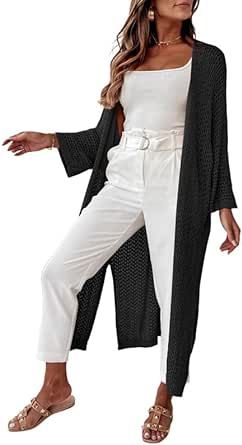 SHEWIN Women's Casual Long Sleeve Open Front Lightweight Knit Crochet Long Kimono Cardigan Sweaters Loose Outerwear