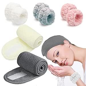 8 Pieces Spa Facial Headband Wristband Towels For Washing Face Women Make Up Skincare Wrap Head Terry Cloth Headband Adjustable Towel For Face Wash Shower (White Gray light pink+ white gray)