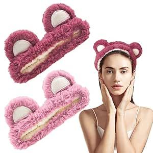 Thinslimer 2 Pack Cute Bear Ears Headband for Women Face Washing Elastic Makeup Headbands SPA Facial Cleaning Shower Skincare Hair Accessories for Cosmetic Sports Shower