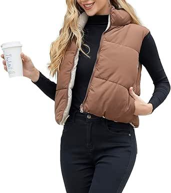 AJUVEN Women's Winter Crop Vest Lightweight Reversible Warm Outerwear Puffer Vest Padded Gilet