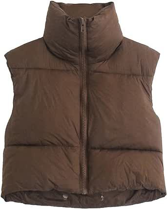 FOMOYUU Womens Lightweight Cropped Puffer Vest Zip Up Stand Collar Sleeveless Padded Vest Jacket Winter Warm Outerwear