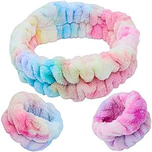FROG SAC Puffy Spa Headband and Wristbands for Face Washing, Fuzzy Skincare Headbands for Women, Soft Makeup Skin Care Hair Accessories for Girls, Bubble Make Up Sleepover Supplies (Rainbow Tie Dye)