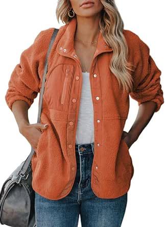 SHEWIN Womens Fleece Jacket Causal Long Sleeve Lightweight Fuzzy Sherpa Button Down Coats Jackets with Pockets