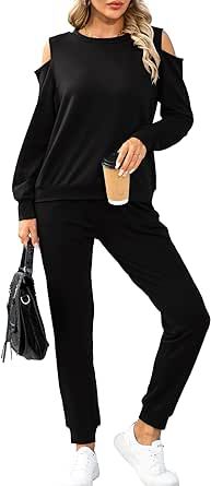 AOMONI Women's Two Piece Outfits Cold Shoulder Long Sleeve Casual Pullover Top Sweatsuits And Long Pants Jogger Set