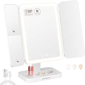 EASEHOLD Lighted Makeup Mirror, Rechargeable Vanity Mirror with Lights 2X/3X Magnification, Touch Control, Trifold Travel Mirror, Portable LED Cosmetic Mirror for Tabletop, Bedroom, Women Gift, White