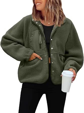 ReachMe Womens Casual Lapel Long Sleeve Sherpa Jacket Button Down Fuzzy Fleece Coat Winter Y2K Outwears With Pockets