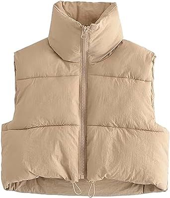 Shiyifa Women's Fashion High Neck Zipper Cropped Puffer Vest Jacket Coat