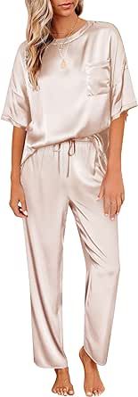 Ekouaer Womens Satin Silky Pajama Set Short Sleeve Shirt with Long Pajama Pant Set Soft PJ Loungewear
