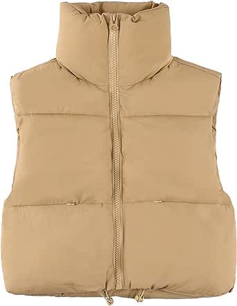 UANEO Cropped Puffer Vest Women Zip Up Stand Collar Sleeveless Padded Crop Puffy Vests