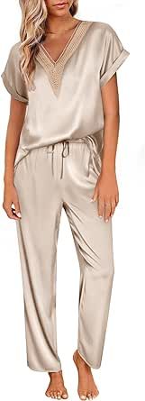 Ekouaer Silk Pajamas Set Womens Lace V Neck Loungewear Short Sleeve Satin Shirt with Long Pant Silky Pjs