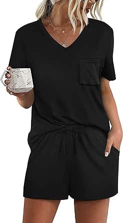 RUBZOOF Women's Short Sleeve Pajama Sets with Pockets Casual V Neck 2 Piece Lounge Sets S-3XL