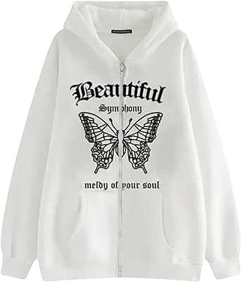 Biayxms Women's 2023 Vintage Casual Sweatshirt Jacket Long Sleeve Wing Print Zip Up Hooded Graphic Outerwear Autumn Tops (Print WhiteA, S)