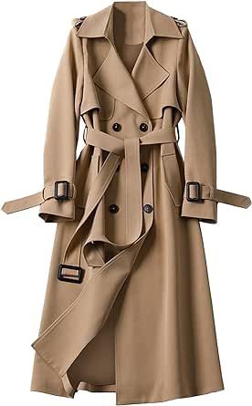 SOMTHRON Women's Double Breasted Long Trench Coat Belted Notch Lapel Overcoat Windproof Classic Outerwear