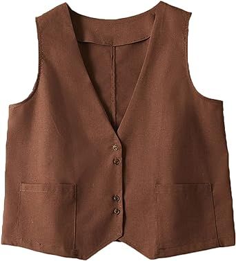 Bnigung Women's Cotton Linen Vest Casual Sleeveless V-Neck Blazer Waistcoat Jacket with Pockets