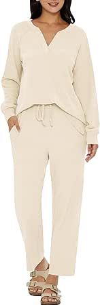 DEEP SELF Womens Waffle Knit Pajama Sets Long Sleeve Sleepwear and Long Pants Soft Pjs Loungewear with Pockets