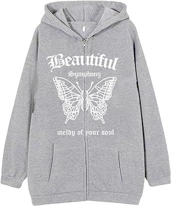 Biayxms Women's 2023 Vintage Casual Sweatshirt Jacket Long Sleeve Wing Print Zip Up Hooded Graphic Outerwear Autumn Tops (Print Grey 2A, XL)