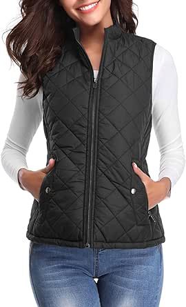 Fuinloth Women's Quilted Vest, Stand Collar Lightweight Zip Padded Gilet