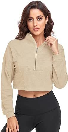 LURANEE Women's Half Zip Sweatshirt Drop Shoulder Long Sleeves Crop Tops Collar 1/2 Zipper Pullover