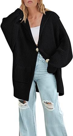 MEROKEETY Women's Long Sleeve Button Lapel Cardigan Sweater Oversized Chunky Knit Slouchy Outerwear