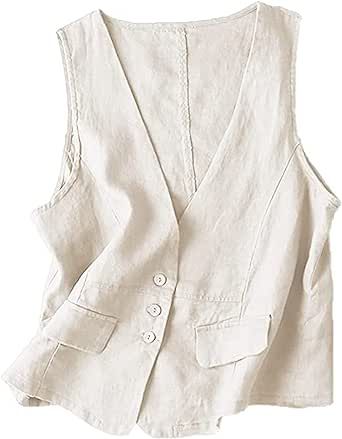 Dongfeng Women's Cotton Linen Sleeveless Vest Casual V Neck Button Down Blazer Waistcoat Jackets