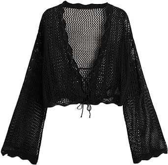 Floerns Women's Plus Size Tie Front Long Sleeve Crochet Cardigan Crop Top