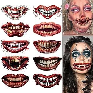 Halloween Prank Makeup Temporary Tattoos for Adult Women, Set of 10 Sheets Halloween Clown Horror Mouth Teeth Face Tattoos Stickers Scary Big Mouth Decals, Ideal for Halloween parties, Costume dance
