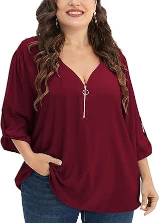 vepeabak Women Plus Size Top Solid Zipper Half Gathered Cuffed Sleeve Blouse Long Roll Tab Sleeves