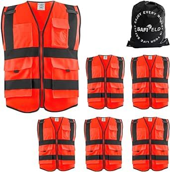SAFIELD Safety Reflective Work Vest 6 Pack for Men and Women with 8 Pockets and Zipper High Visibility Construction Outerwear