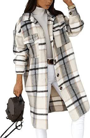 PUWEI Women's Long Flannel Plaid Jacket Shacket Cozy Lapel Button Down Shirt Jacket Fuzzy Trench Coat